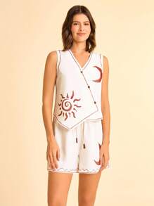 CAJUNI 2件套女士休闲度假背心套装 - 太阳和月亮印花 - 彩色 - 查看 4