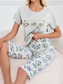 EURMUSE 100% Cotton 2 chiếc áo sơ mi cotton in hình động vật dễ thương và quần Capri in hình động vật mặc ở nhà - Màu Xám nhạt - Xem 3