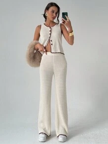 Aloruh 2pcs Women Contrast Color Knitted Vest Sweater + Straight Wide Leg Contrast Color Knitted Pants Set, Early Autumn - Multicolor - View 7