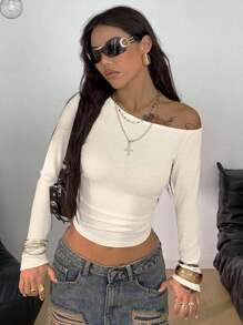 Coolane 女士秋季音乐会狂欢节外出 Y2K 复古针织不对称领口长袖 T 恤 - 白色 - 查看 4