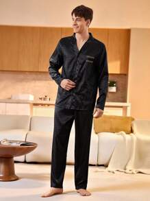 Manfinity Underwear&Sleepwear Basics 2pcs/Set Men's Front Button Long Sleeve Casual Top And Long Pants Pajama Set - Black - View 1