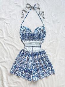 Soleia 女士度假蓝白花卉图案露背系带腰部镂空宽松连体裤，适合度假、约会、下午茶、西部风、游轮、海滩、海岛、公路旅行、四季、音乐节、波西米亚风度假 - 藍白色 - 查看 2