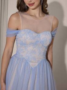 Poshira 优雅高端撞色蕾丝露肩晚礼服，奢华迷人主持人礼服 - 淺藍色 - 查看 7