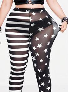 Whyspr Quần legging lưới co giãn họa tiết sọc ngôi sao phong cách Punk tương phản thời trang - Đen và trắng - Xem 8
