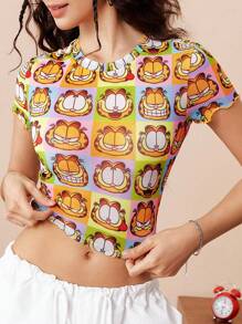 GARFIELD | SHEIN Women's Summer Y2K Cute Cartoon Cat Graphic Print Slim Fitted Cropped Top,Cute Mesh Top,Back To School