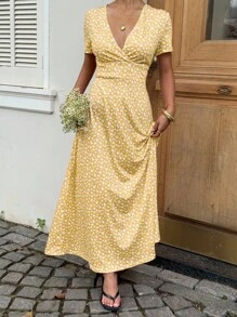 Sunnyshic 小花印花束腰长裙女装 - 淡黃色 - 查看 4