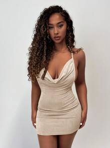Amplova 女式纯色交叉褶饰性感吊带迷你连衣裙 - 卡其色 - 查看 6