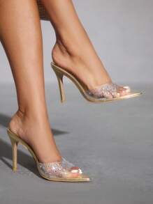 CUCCOO SZL Women Transparent TPU Rhinestone-Embellished Metal Pointed Toe Sexy Fashion Mule High Heel Sandals - Gold - View 1