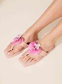 CUCCOO CHICEST 女士亚麻平底凉鞋，3D 鸢尾花装饰，优雅甜美休闲时尚舒适一脚蹬春夏季鞋，适合下午茶、约会、海滩度假 - 粉色 - 查看 4