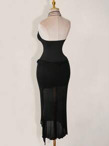 SHEIN ICON Robe ras-du-cou à la taille avec dentelle contrastée, robe en maille noire - Noir - Voir 8