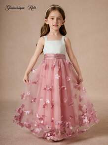 Glamorique Kids Young Girl Birthday Party Princess Dress Piano Performance Tulle Dress, Stylish Flower Girl Wedding Pageant Ceremony Show Outfit Pink Flower Girl Dresses Girls Pink Dress With 3d Flowers Long Dresses For Kids Long Flower Girl Dress