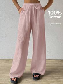 SHEIN EZwear 夏季纯色纹理褶皱面料宽松抽绳腰系带纯棉休闲度假阔腿裤，加大码 - 淺粉色 - 查看 5