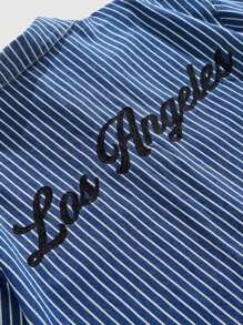 ROMWE MEN Casual 男士条纹短袖单排扣口袋休闲牛仔衬衫 - 棕色 - 查看 5