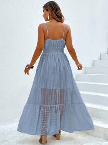 SHEIN Clasi Plus Size Women Vacation Style Texture Spaghetti Strap Ruffle Hem Gathered Waist Dress - Navy Blue - View 2