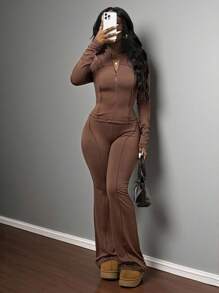 Slaydiva 2025 夏秋新款休闲简约棕色修身前开长袖侧拉链口袋T恤+高腰喇叭裤女两件套，适合日常旅行、返校、毕业、早午餐装、机场装、派对聚会、节日、旅行，简约、百搭、休闲-A - 棕色 - 查看 7