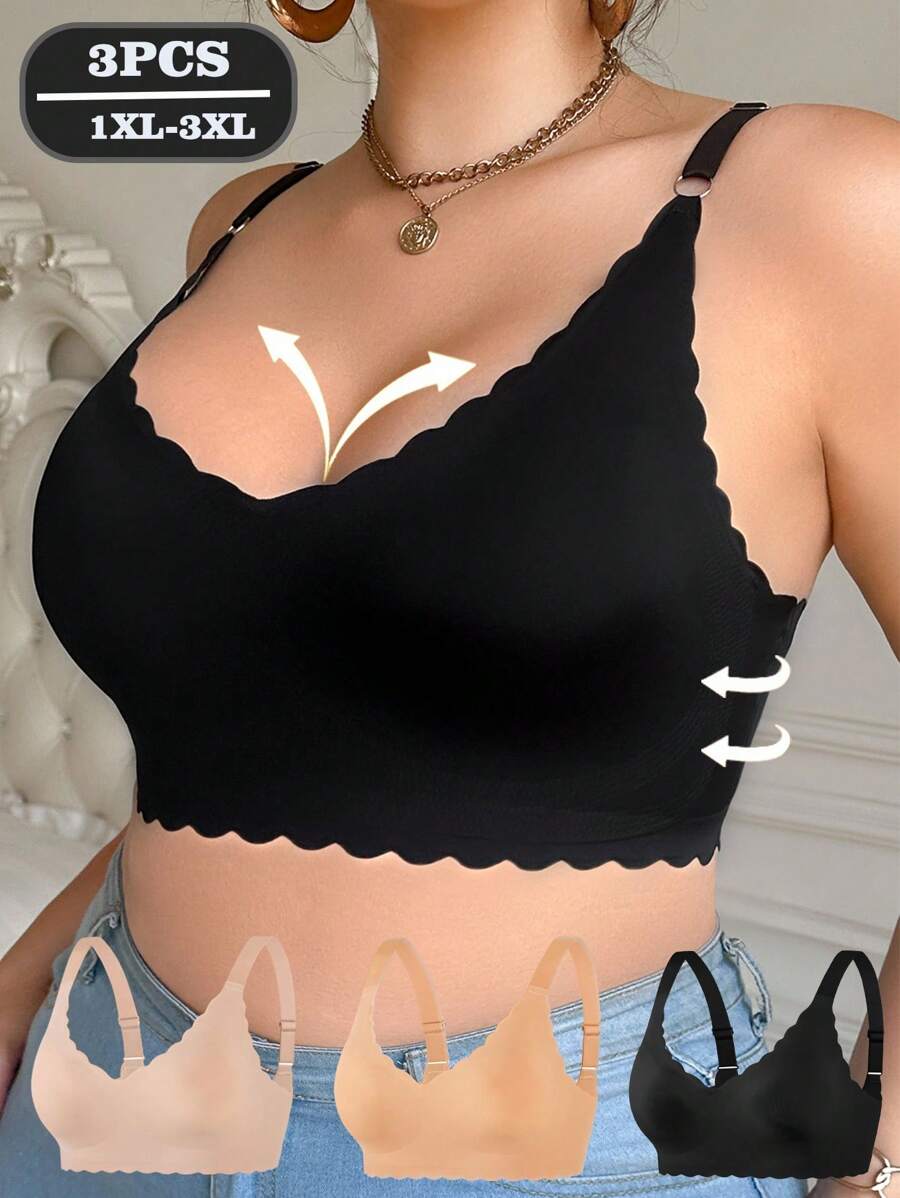 SHEIN 3件套大码女士纯色弧形下摆休闲文胸套装 - 彩色 - 查看 1
