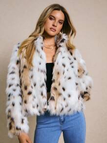 Poéselle Women's Fashionable Leopard Print Faux Fur Coat, Autumn/Winter, Fur Jacket, Leopard Print Coat, Animal Print Coat, Faux Fur Jacket, Snow Leopard Coat - Black and White - View 7