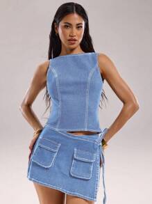 SHEIN BAE Áo denim hở lưng không tay gợi cảm cho nữ, mùa hè - Rửa nhẹ - Xem 5