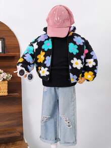 SHEIN 年轻女孩彩色花卉针织蓬松宽松休闲立领夹克，秋季 (10) 和冬季 (5)，颜色：黑色、蓝色、绿色、蓝色、红色、粉色 - 黑色 - 查看 5