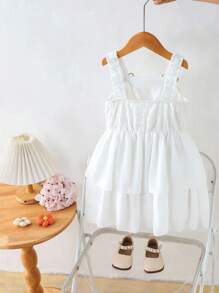 Girls' Sleeveless White Woven Top With Ruffle Trim & Layered Chiffon Skirt Dress, Suitable For Summer Daily Wear, Outings, Vacations, Parties - White - View 2