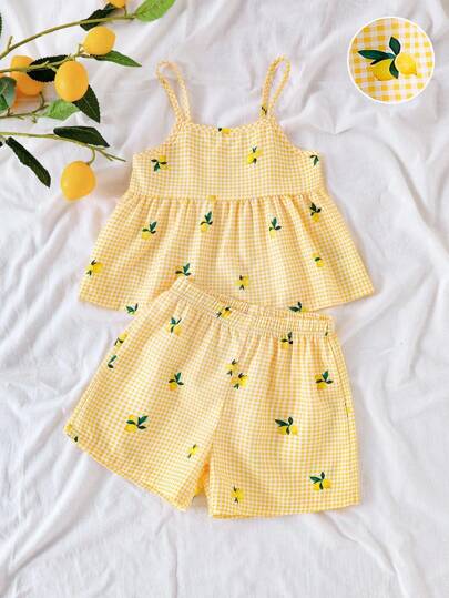 SHEIN Vintaside Kids Yellow Plaid Camisole And Shorts Set With Lemon Print For Vacation Style Girls Lemon Two Piece Set Yellow Two Piece Set For Girls Girls Summer Two Piece Set Kids Lemon Print Outfit Summer Two Piece Set Kids Summer Holiday
