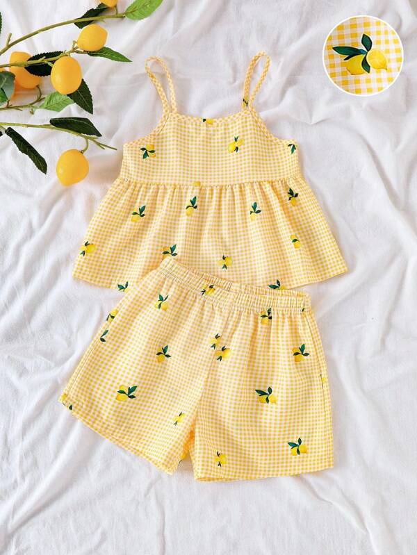 SHEIN Vintaside Kids Yellow Plaid Camisole And Shorts Set With Lemon Print For Vacation Style Girls Lemon Two Piece Set Yellow Two Piece Set For Girls Girls Summer Two Piece Set Kids Lemon Print Outfit Summer Two Piece Set Kids Summer Holiday