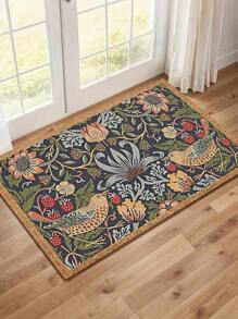 SHEIN Symmetrical Floral And Bird Design Welcome Doormat, Non-Slip Rubber Backed Polyester Floor Mat, Lightweight, Machine Washable, Braided, Decorative Rug With For Home, Bedroom, Kitchen, Hallway, Entryway