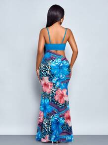 SOLERSUN Women's Summer Vacation Style Leopard Flowers Tropical Print Ruched Waist Cut Out Mermaid Maxi Dress - Blue - View 2