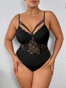 SHEIN PETITE CURVE Plus Size Sexy Contrast Lace Hollow Out Sleeveless Bodysuit, Summer - Black - View 8