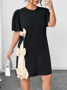 Auvina 大码夏季优雅拼色蝴蝶结装饰连衣裙 - 杏色 - 查看 3