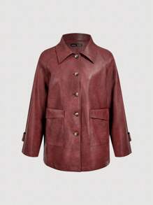 SHEIN MOD Women's Burgundy PU Leather Jacket,Autumn Casual Street Fashion Raglan Sleeve Patchwork Pocket Long Sleeve Coat For Occasion Halloween Christmas Rave - Pink - View 1