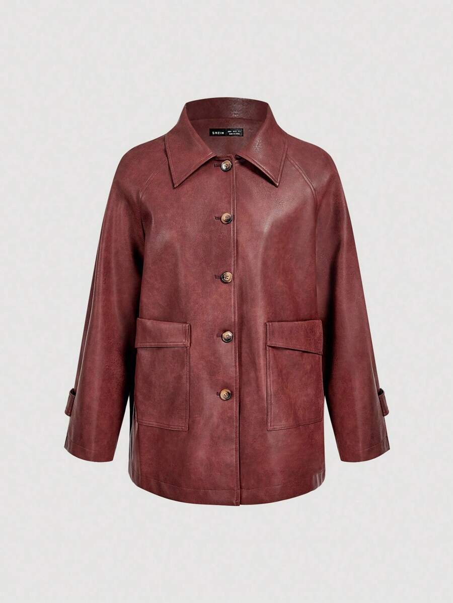 SHEIN MOD Women's Burgundy PU Leather Jacket,Autumn Casual Street Fashion Raglan Sleeve Patchwork Pocket Long Sleeve Coat For Occasion Halloween Christmas Rave - Pink - View 1