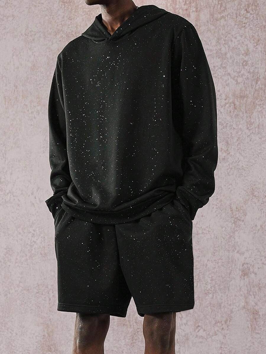 Manfinity EMRG Men Glitter Long Sleeve Hoodie Sweatshirt And Shorts Set (Sprinkle Powder Random), Cozy Outfits, Fall Clothes - Black - View 1