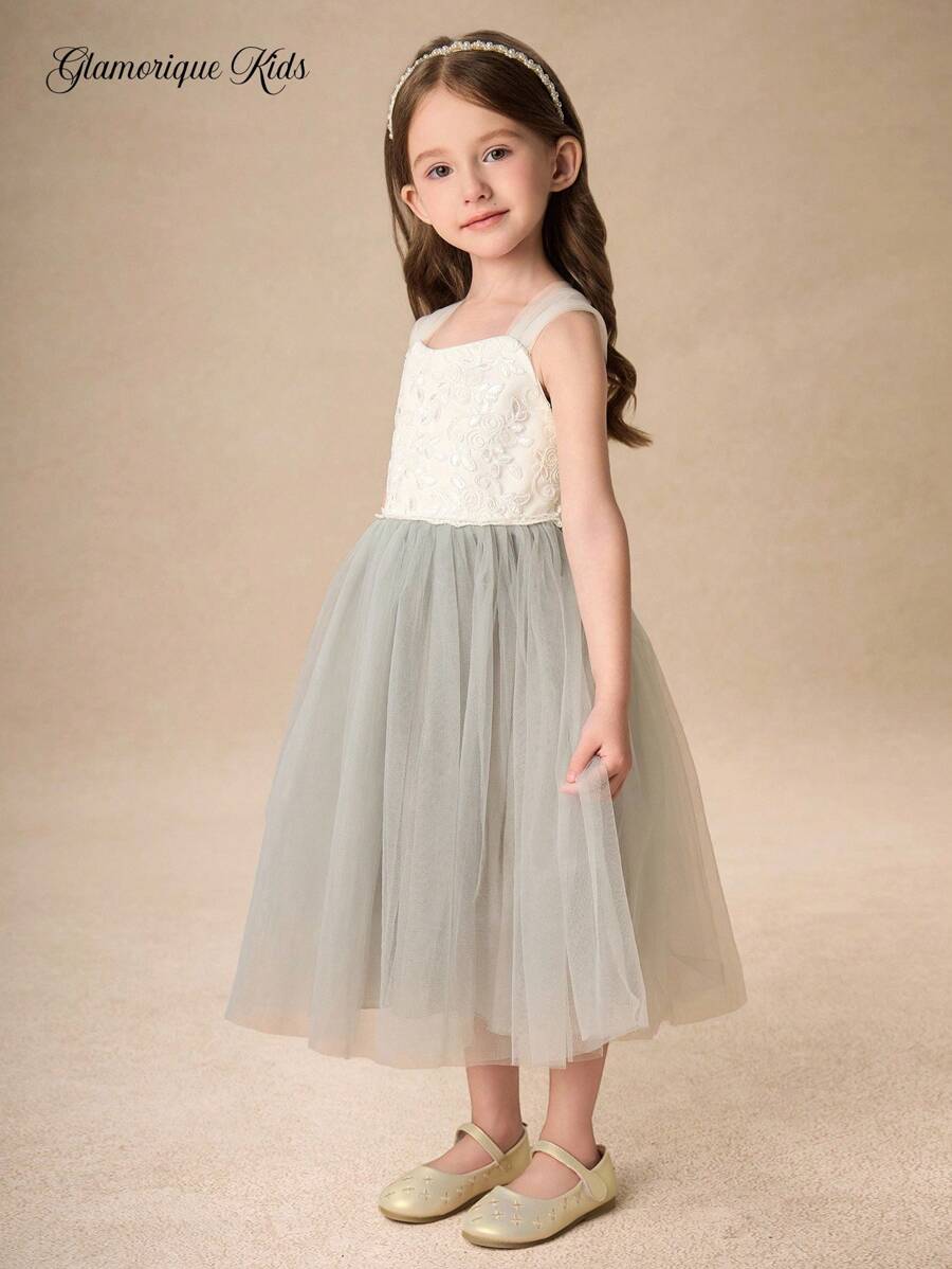 Glamorique Kids 女孩公主派对礼服，花童花卉蕾丝刺绣白色连衣裙，适合生日、婚礼、节日，浅灰色薄纱蓬松连衣裙，四季皆宜