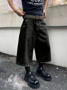 Claim Dot Men's Loose Fit Pocketed Wide Leg Casual Denim Shorts Washed Loose Wide Leg Denim Shorts