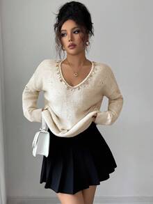 Rafferiza Suéter suelto y vintage con cuello en V y lentejuelas, estilo europeo y americano para otoño e invierno, elegante, de moda, casual, para ir a la oficina, diario, de ocio, todo a juego, urbano, atuendo profesional de maestro - Beis - View 5