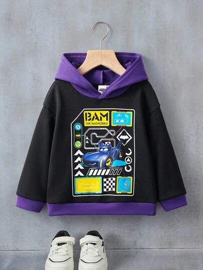 Batwheels X SHEIN Sudadera con capucha casual de diario para niño con patrón de coche de color contrastante