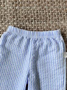 SHEIN 女婴幼儿新生儿0-3岁蓝白条纹蝴蝶结长袖衬衫+裤子套装，适合日常穿着，秋冬 - 藍色 - 查看 8