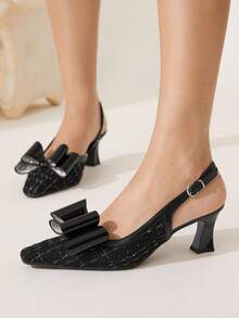 CUCCOO CHICEST Women's Pointed Toe Bowknot Stiletto Heel Mid Heel Elegant Retro Black Pumps, Peep Toe Shoes For Afternoon Tea, Date, Work, Halloween, Christmas, Thanksgiving - Black - View 4