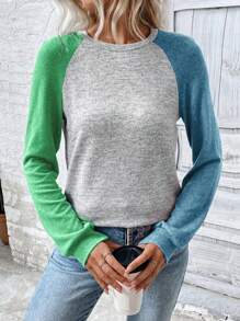 EMERY ROSE Sudadera casual de mujer con mangas raglán y bloques de color, para otoño - Multicolor - Ver 4