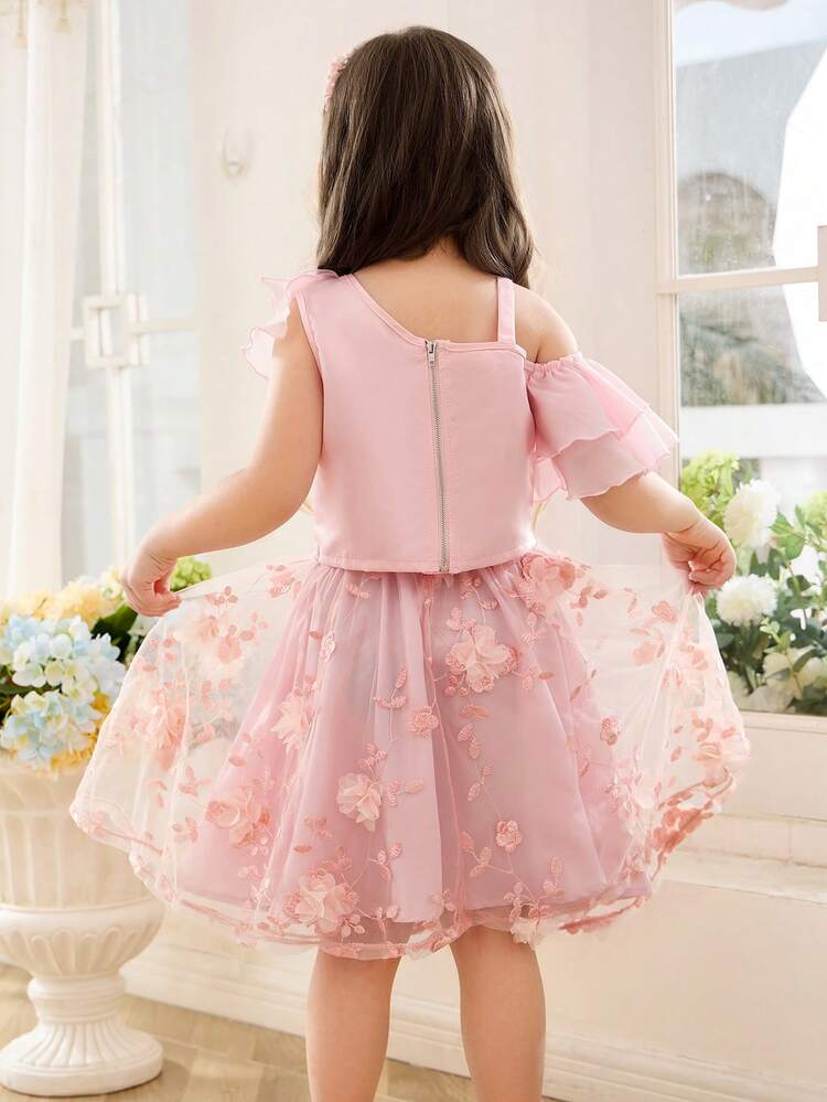 DRMZ Kids Young Girl Oblique Shoulder Double Layered Ruffle Decor Top With Mesh Embroidered Skirt Cottage Core Two Pieces Set