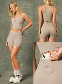 GLOWMODE X Harry Potter 4.3" FeatherFit™ Sweat-Wicking Soft Stretchy Crossover Waist Silicone Label Back Graphic Waist Pocket Shorts Low-Impact Yoga Pilates Barre Studio Daily Casual Wear - Khaki - View 7