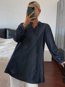 DAZY Vestido corto de mezclilla con cuello redondo y cordón, estilo casual y calado para adolescentes - Azul lavado oscuro - Ver 4