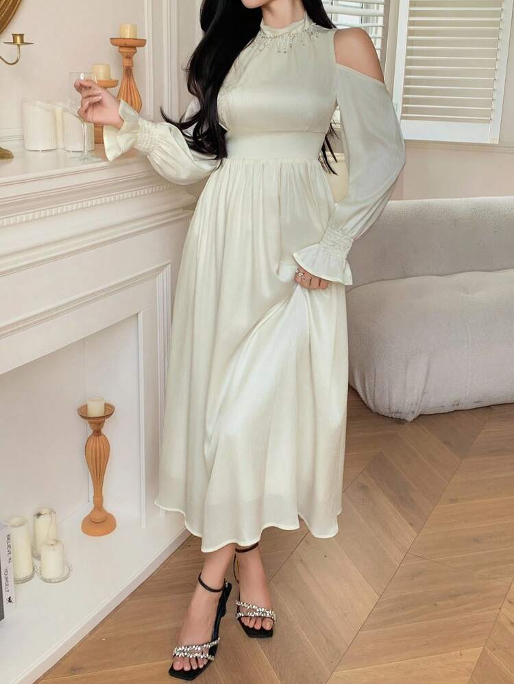 Women's Solid Color Off-Shoulder Long Sleeve Ruched Waist Elegant Mid-Length Dress Maxi Dress