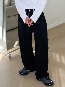 DAZY 男式宽松抽绳腰羊毛运动裤，黑色，秋冬 - 黑色 - 查看 3