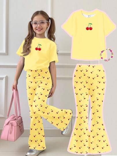 SHEIN 2pcs/Set Young Girl Casual Cartoon Pattern Round Neck Short Sleeve Top And Flare Pants Outfit, Suitable For Summer