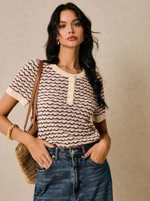 Poéselle 女士休闲条纹短袖针织上衣，夏季 - 咖啡棕 - 查看 3