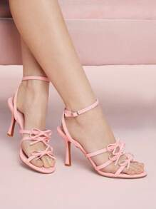 CUCCOO DOLLMOD Damen rosa PU dünne Riemen Schleife Knöchelriemen Schnalle modische niedliche Sandalen, geeignet für Sommeroutdoor, romantischer französischer Stil für Party, Nachmittagstee, Sandalen mit rundem Zehenbereich und hohem Absatz