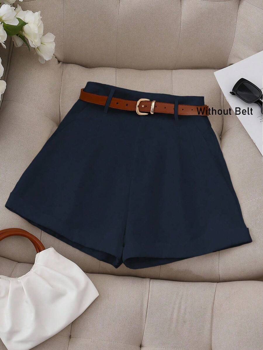 Franclia Summer Casual Solid Color Cuffed Shorts - Navy Blue - View 1