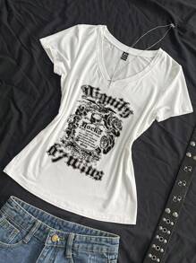 StreetHx Women's Summer V-Neck Tight T-Shirt, Punk Skull & Subculture Anime Print Short Sleeve White V-Neck Top